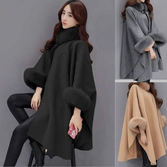 💖Best Gift💖  Elegant Solid Color Faux Fur Collar Loose Poncho Coat⏳Limited-time 65% off⏰