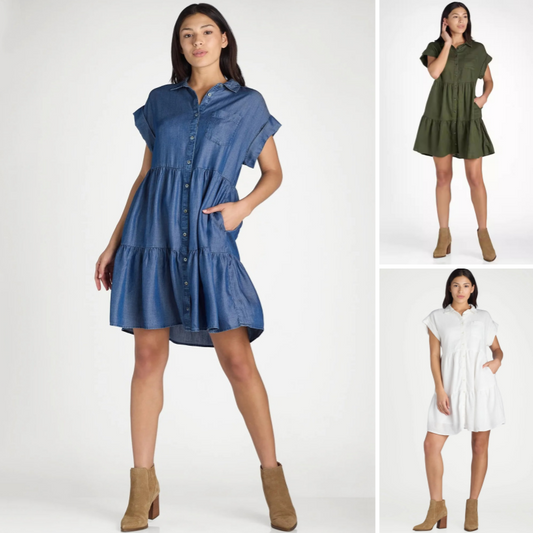 👗Women’s Lapel Short Sleeve Pleated Button-Down Dress