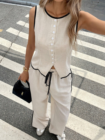 🔥Hot Sale 50% Off🔥Women's Contrast Binding Sleeveless Tank & Drawstring Waist Pants Two-piece Set