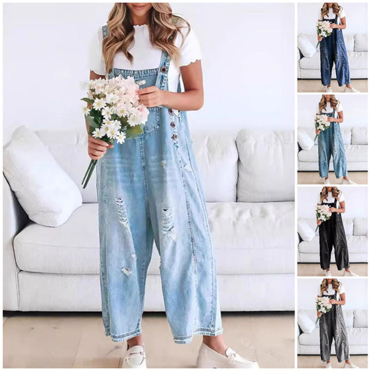 💃Limited time sale 50% OFF💓Women's Cute Casual Button Jumpsuit Ripped Denim Overalls