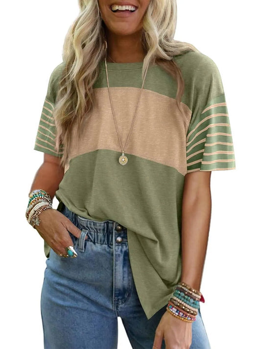 💕Limited Sale 50% OFF💕Women's Casual Round Neck Striped Color Clash Short Sleeve Top