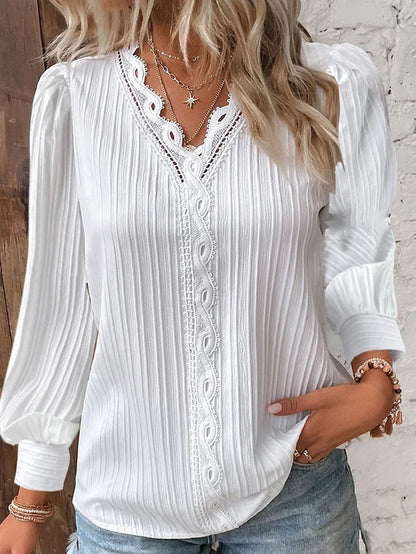 📢📢60 % OFF !!🎅Women's Long Sleeve V-Neck Lace Loose Shirt