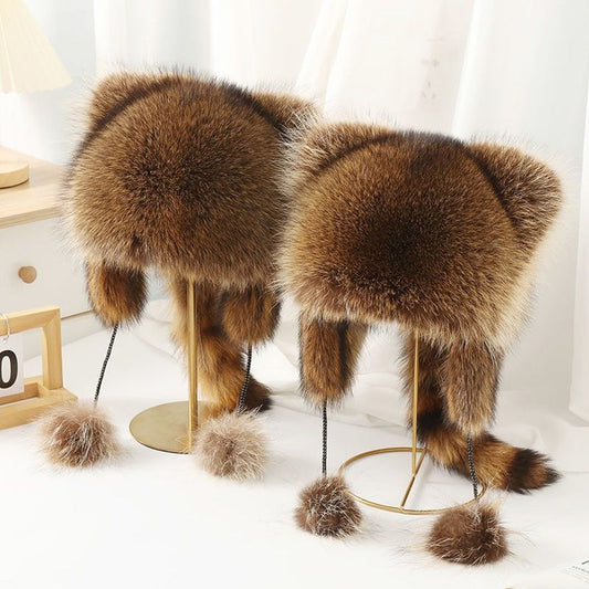 📢📢60 % OFF !!🎅【🎁Best Christmas Gift🎁】🎄 Raccoon Tail Fur Parent-Child Plush Hat