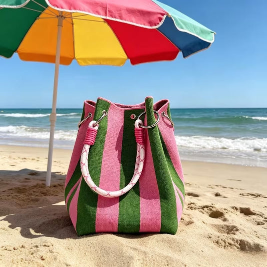 📢📢40% OFF !! ⏰🌴 Boho Striped Knit Bucket Handbag for Women – Handmade Summer Beach Shoulder Bag