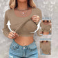 🎁2026 New Arrivals 50% OFF💥Neck Built-in Bra Long Sleeve Ribbed Top Shirts Elegant Skinny Fit Fabric