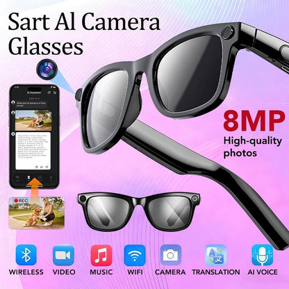 📢📢50% OFF !!!⏰AI smart glasses with ChatGPT, 8 MP camera and HD 1200P 4K video recording, real-time translation in over 160 languages, Bluetooth 5.4, HiFi audio and music control, smart sunglasses with video recording for on the go