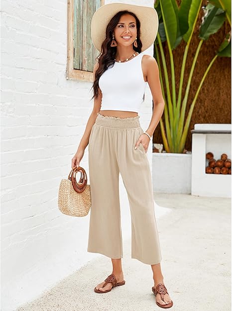 📢📢30% OFF !! ⏰Women's High Waisted Wide Leg Linen Elastic Smock Waist Capri Pants