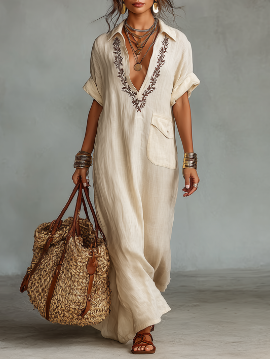 📢📢40% OFF !!!⏰Women's Minimalist Linen Blend Embroidered Short-sleeved Shirt Maxi Dress