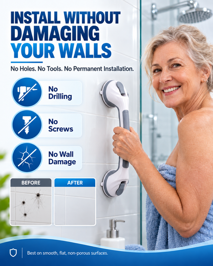 📢📢40% OFF !! ⏰ Suction Cup Grab Bar – Tool-Free No-Drill Install on Tile & Glass, Strong Vacuum Hold, Removable & Reusable – Extra Balance Support for Bathroom Safety 🔒