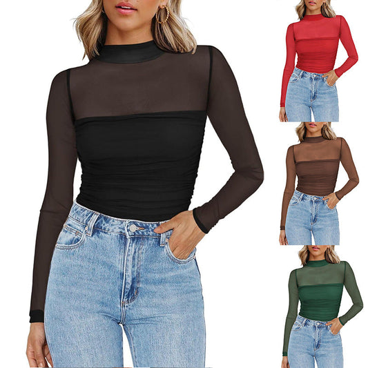 📢📢60 % OFF !!🎅Women's Sparkle Mesh Sheer Long Sleeve Ruched Top