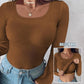 🎁2026 New Arrivals 50% OFF💥Neck Built-in Bra Long Sleeve Ribbed Top Shirts Elegant Skinny Fit Fabric