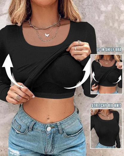 🎁2026 New Arrivals 50% OFF💥Neck Built-in Bra Long Sleeve Ribbed Top Shirts Elegant Skinny Fit Fabric