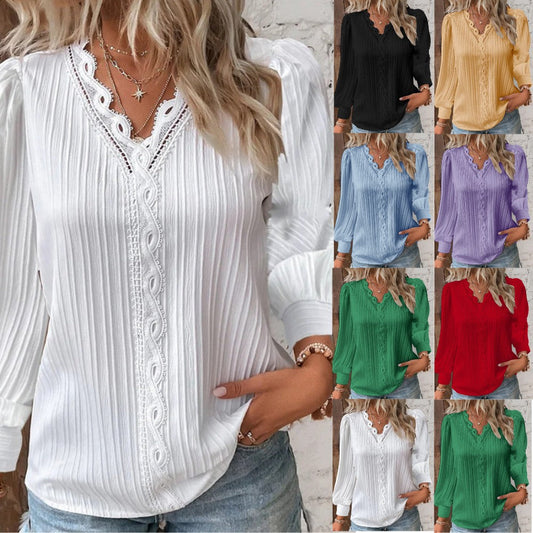 📢📢60 % OFF !!🎅Women's Long Sleeve V-Neck Lace Loose Shirt