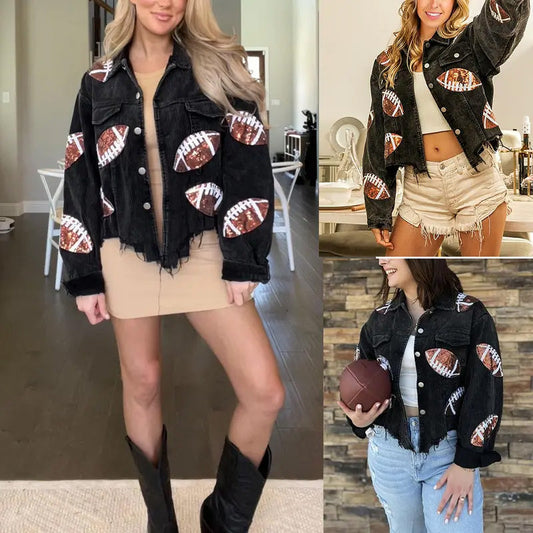 Women's Corduroy Jacket with Football Sequin Patch📢📢Flash Sale: Ending in 3 Hours!⏰⏰