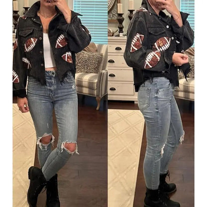 Women's Corduroy Jacket with Football Sequin Patch📢📢Flash Sale: Ending in 3 Hours!⏰⏰