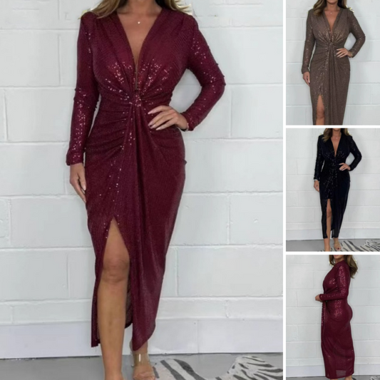 【📍Exquisite Collection📍】Women V-neck Pleated Sequined Slit Elegant Temperament Evening Party Dress