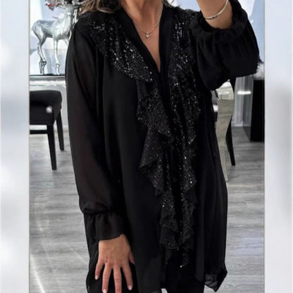📢📢60 % OFF !!✨Women's V-Neck Chiffon Sequin Long Sleeve Shirt
