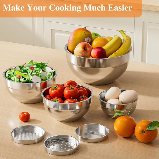 📢📢60 % OFF !!🎅6 PCS Stainless Steel Mixing Bowls with 3 Grater Attachments