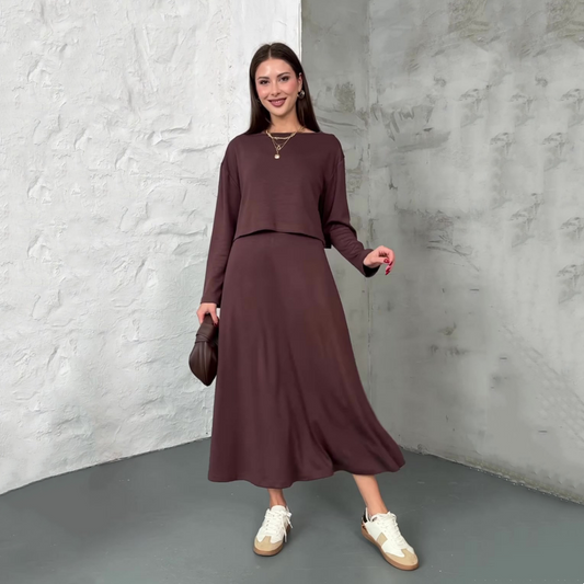 📢📢60 % OFF !!🎅Women's Long Sleeve Crop Tops & Sleeveless Dress 2-Piece Set