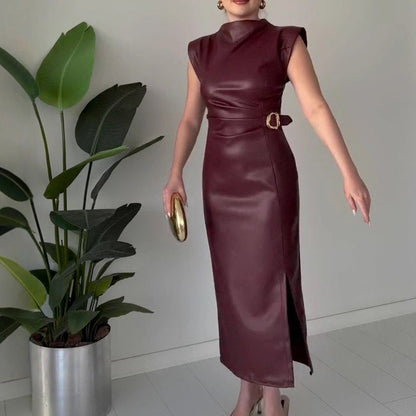 📢📢60 %  OFF !! ⏰Women's Ruched Faux Leather Midi Dress