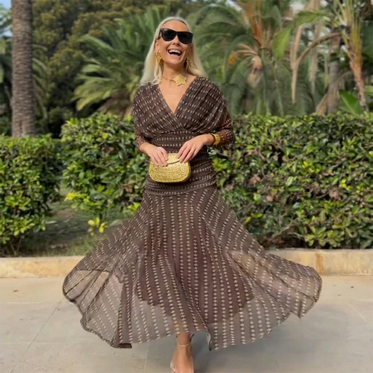 📢📢70%  OFF !! ⏰Bohemian V-Neck Ruched Mesh Maxi Dress