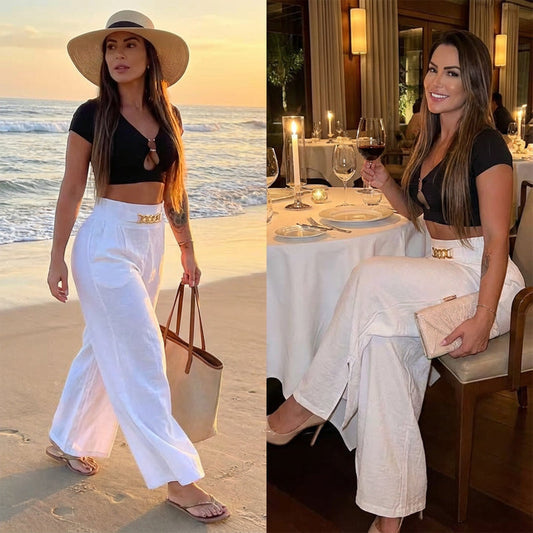 📢📢50%  OFF !! ⏰Women's High-Waist Wide-Leg Trousers with Belt Accent