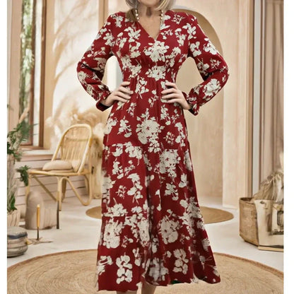📢📢50%  OFF !!!⏰V-Neck Waist-Cinched Floral Printed Tiered Maxi Dress With Long Sleeves