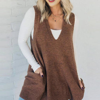 📢📢50% OFF !!!⏰Women's Loose-Fit V-Neck Sweater Vest with Pockets