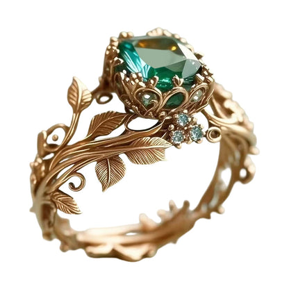 📢📢40% OFF !! ⏰Green Synthetic Crystal Ring with Intricate Leaf