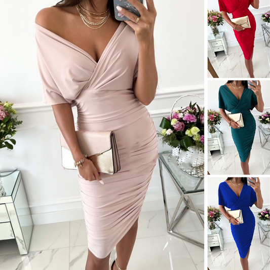 📢📢50% OFF!!⏰Women's Sexy Ruched V-Neck Bodycon Dress