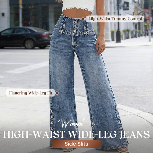 📢📢50% OFF !!!⏰High-Waist Wide-Leg Jeans – easy pull-on style! Side slits let the breeze in, keep you cool. 🌸