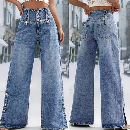 📢📢50% OFF !!!⏰High-Waist Wide-Leg Jeans – easy pull-on style! Side slits let the breeze in, keep you cool. 🌸