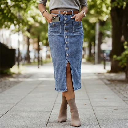 📢📢50% OFF !!!⏰High-Waist Button-Front Denim Skirt👗