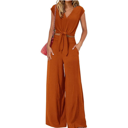 📢📢50% OFF !!!⏰Women's V-Neck Tie-Front Top & Wide-Leg Pants Set