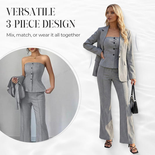 👚 50% DE RÉDUCTION! 💃 Ensemble 3 Pièces pour Femme avec Pantalon Évasé – Haut à Manches Longues, Pantalon Taille Haute & Ceinture Associée ✨