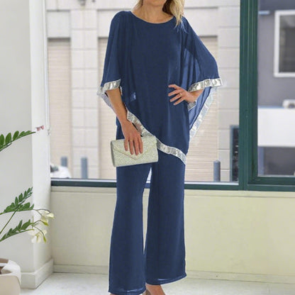 Elegant Sequin Trim Poncho Top & Wide-Leg Pants Set