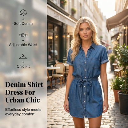 Women's Casual Denim Shirt Dress with Drawstring Waist