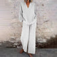 📢📢30% OFF !!!⏰Casual Solid Color V-Neck Long Sleeve Top & Wide-Leg Pants Set