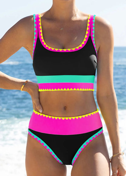 🎁New arrival 50% OFF💥🌼Color Block Patchwork Sporty 3-Piece Bikini Set - High Waisted & Tummy Control Swimsuit👙🌈