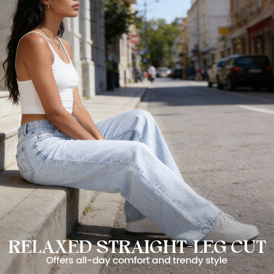 Bow Embroidered High-Waist Straight-Leg Jeans