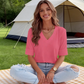 Women's V-Neck Cuffed Sleeve Ribbed T-Shirt