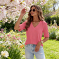 Women's V-Neck Cuffed Sleeve Ribbed T-Shirt