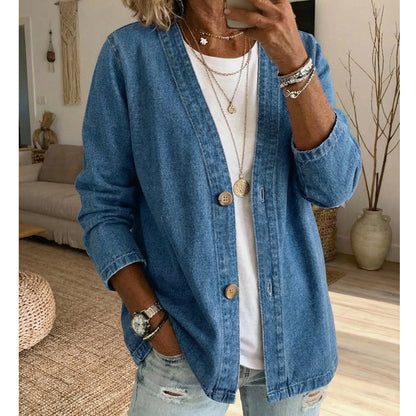 📢📢40% OFF !! ⏰  Women's Classic Button Front Denim Jacket – V-Neck, Breathable Fabric & Relaxed Fit 💙