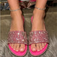 📢📢30% OFF !! ⏰ Women's Sparkling Rhinestone Flat Slide Sandals – Neon Colors, Cushioned Sole & Slip-On Style 💎