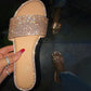 📢📢30% OFF !! ⏰ Women's Sparkling Rhinestone Flat Slide Sandals – Neon Colors, Cushioned Sole & Slip-On Style 💎