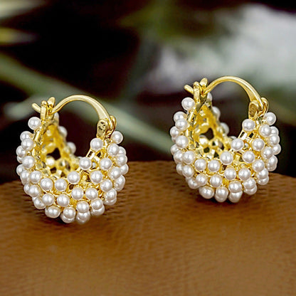 📢📢50% OFF !! ⏰ Faux Pearl Basket Hoop Earrings – Gold Tone, Unique Weave, Classic Elegance 🪀