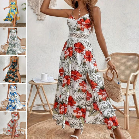 📢📢30% OFF !! ⏰Women’s Floral Print High Slit Spaghetti Strap Flowy Dress