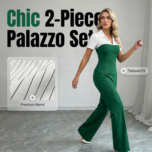 📢📢30% OFF !! ⏰Elegant Striped Lapel Tee & Palazzo Pants 2-Piece Set