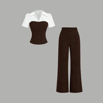 📢📢30% OFF !! ⏰Elegant Striped Lapel Tee & Palazzo Pants 2-Piece Set