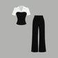 📢📢30% OFF !! ⏰Elegant Striped Lapel Tee & Palazzo Pants 2-Piece Set